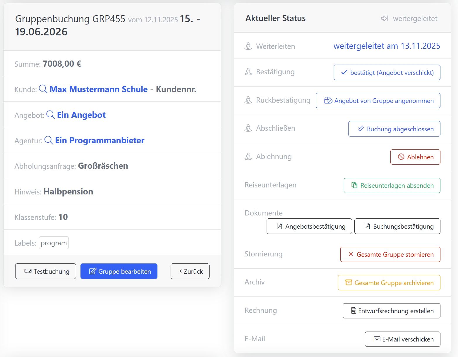 Screenshot Kontrollpanel für Gruppenanfragen