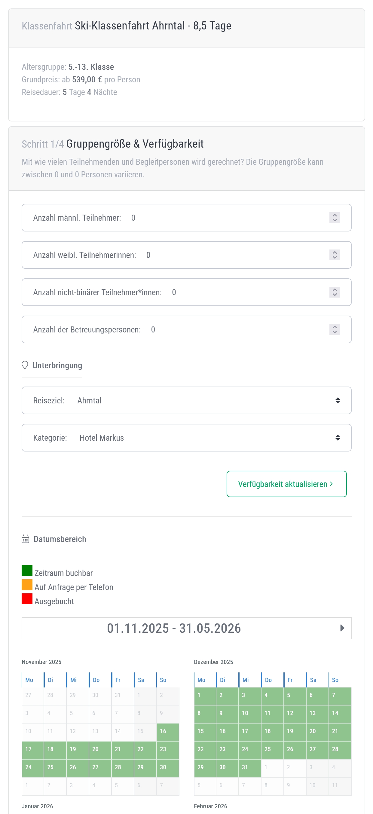 Screenshot Gruppenbuchungsformular