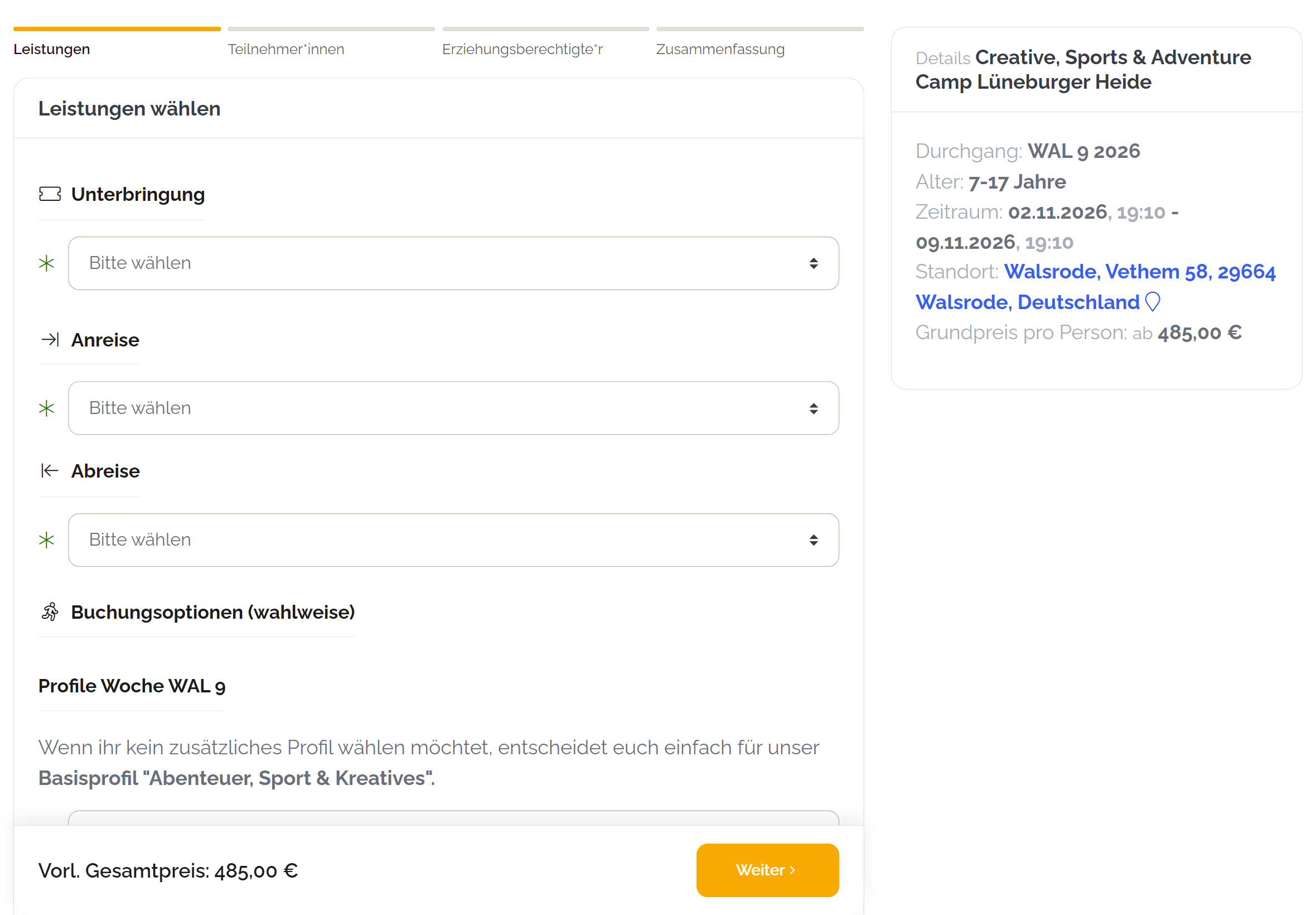Screenshot of the new booking form